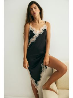 H&M - Women Black Lace-Trimmed Asymmetric Nightslip