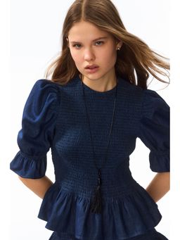 H&M - Women Blue Smocked Denim Blouse