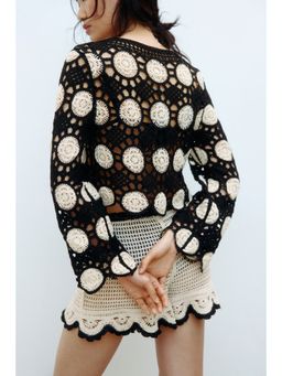 H&M - Women Black Crochet-Look Hole-Knit Top