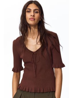 H&M - Women Brown Frill-Trimmed Rib-Knit Top