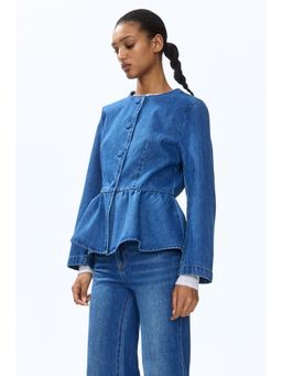 H&M - Women Blue Collarless Peplum Jacket