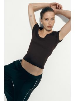 H&M - Women Brown Ribbed Scoop-Neck T-Shirt