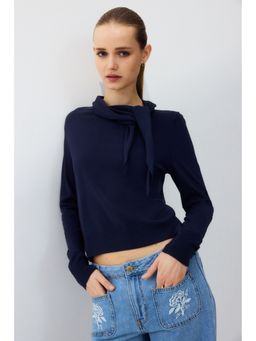 H&M - Women Blue Scarf-Collar Jumper