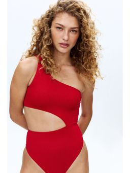 H&M - Women Red Padded-Cup High Leg One-Shoulder Swimsuit