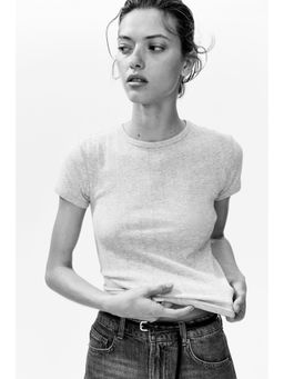 H&M - Women Grey Pointelle-knit T-shirt