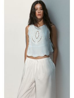 H&M - Women Turquoise Embroidered Tie-Detail Top