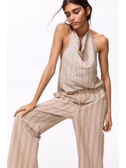 H&M - Women Beige Linen-Blend Drawstring Trousers