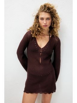 H&M - Women Brown Pointelle-Knit Beach Dress