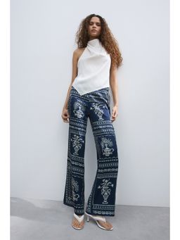 H&M - Women Blue Printed tie-detail trousers