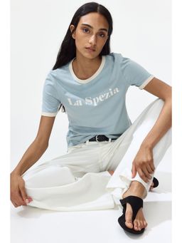 H&M - Women Blue Print-Motif Cotton T-Shirt