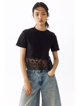 H&M - Women Black Lace-Trimmed T-Shirt