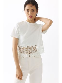 H&M - Women White Lace-Trimmed T-Shirt