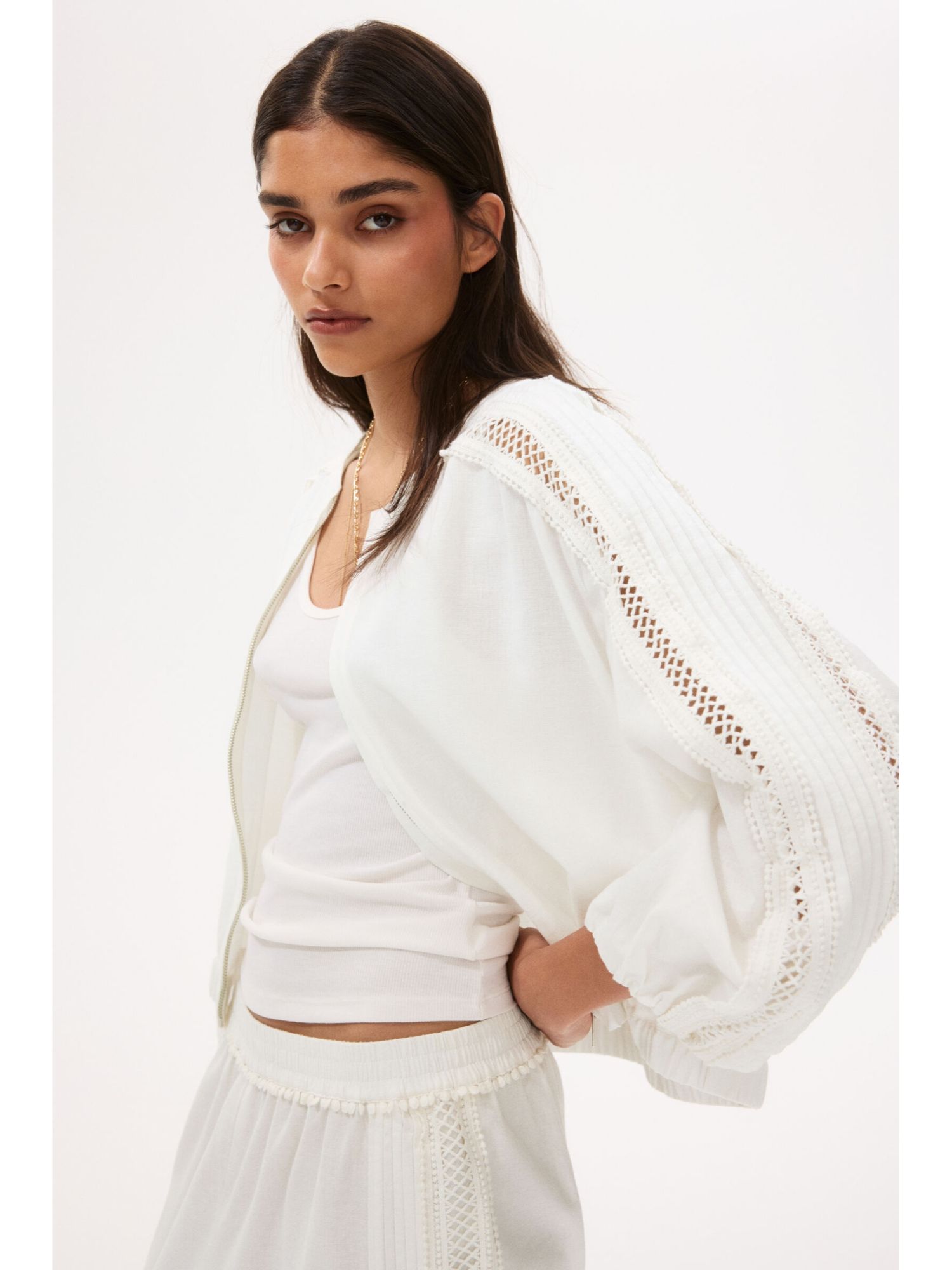 h&m Women White Linen-blend lace-inset bomber jacket-picture-26