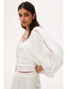 H&M - Women White Linen-blend lace-inset bomber jacket