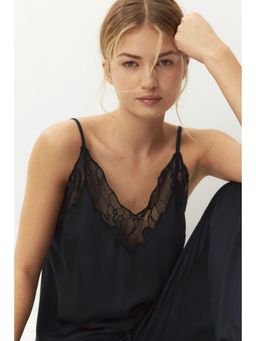 H&M - Women Black Lace-Trimmed Satin Pyjama Top