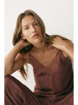 H&M - Women Red Lace-Trimmed Satin Pyjama Top