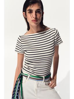 H&M - Women Blue Boat-Neck Cotton Top