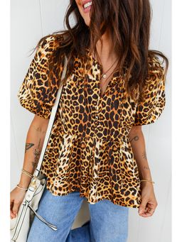 Errabelly - Black Leopard Print Short Puff Sleeve Slit Neck Babydoll Blouse Top
