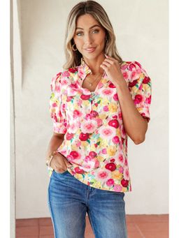 Errabelly - Pink Floral Frilled V Neck Puff Short Sleeve Cotton Blouse Top