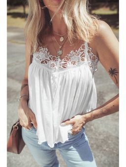Errabelly - White Lace Splicing Spaghetti Straps Ruffle Flared Tank Top