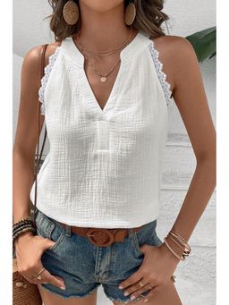 Errabelly - White Textured Lace Trim Pure Cotton Sleeveless Top