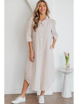 Errabelly - Khaki Stripe Frilled Collar Half Sleeve Shirt Dress