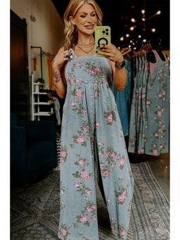 Errabelly - Beau Blue Floral Print Pleated High Waist Wide Leg Denim Jumpsuit