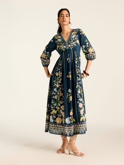 Label Ritu Kumar - Teal Flower Lace Long Dress