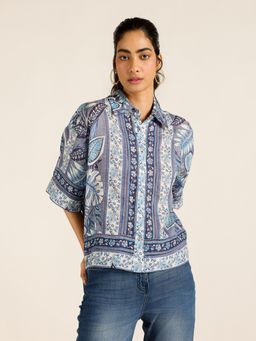 Label Ritu Kumar - Floral Blue Rosemond Shirt Style Top