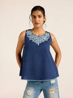 Label Ritu Kumar - Navy Blue Cotton Ilsa Round Neck Top
