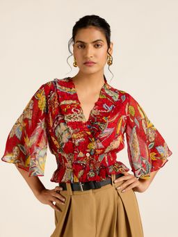 Label Ritu Kumar - Chiffon Red Vesna Crop Top