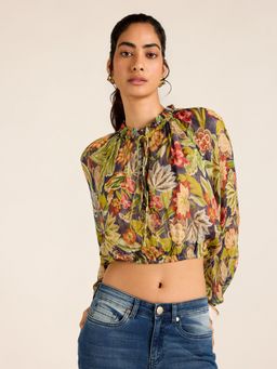 Label Ritu Kumar - Blue Belly Chiffon Crop Top