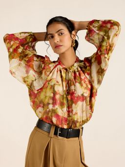 Label Ritu Kumar - Chiffon Red Elce Full Sleeves Top