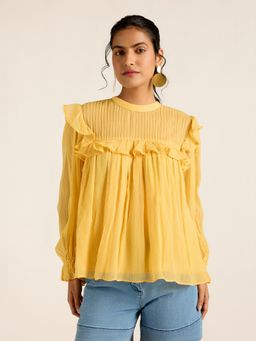 Label Ritu Kumar - Yellow Eva Band Collar Full Sleeves Top