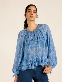 Label Ritu Kumar - Blue Westwood Georgette Paisley Print Top