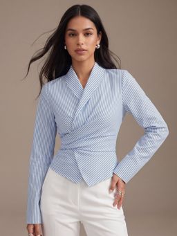 Outzidr - Blue Wrap Detail Striped Top