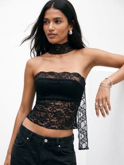 Outzidr - Black Lace Crop Top Neck Wrap Crop Top