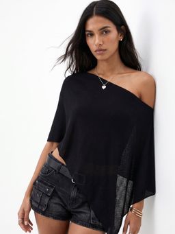 Outzidr - Black One Shoulder Cape Top