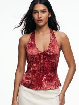 Outzidr - Maroon Halter Neck Floral Top