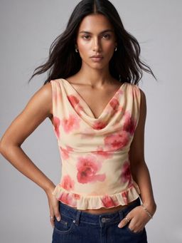 Outzidr - Multicolour Floral Cowl Neck Mesh Top