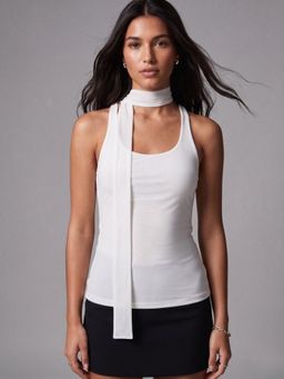Outzidr - White Round Neck Top with Scarf