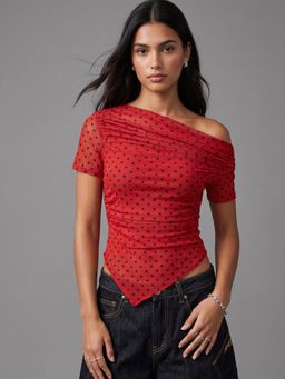 Outzidr - Red Asymmetrical Polka Dot Top