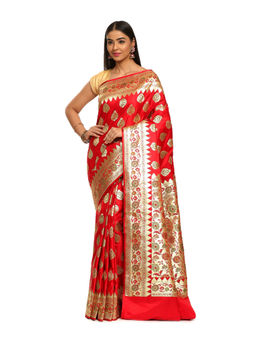 Banarasi Silk Works - Women Red Katan Banarasi Paithani Saree with Unstitched Blouse
