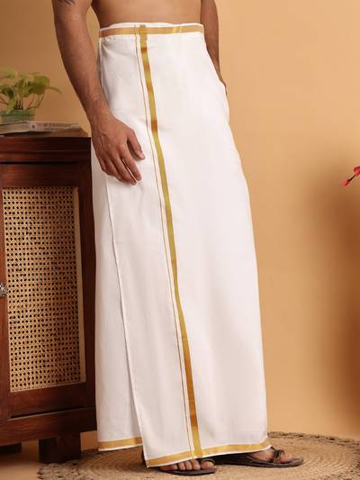 Readymade Pocket Veshti Dhoti with Golden Zari Border