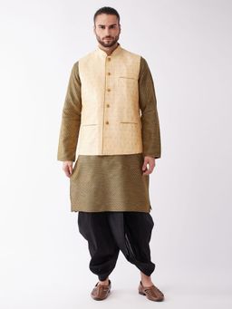 Vastramay - Mens Gold & Black Silk Blend Jacket, Kurta with Dhoti (Set of 3)