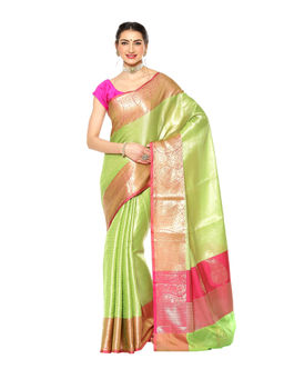 Banarasi Silk Works - Green Kanchi Silk Zari Pattu Border Saree with Unstitched Blouse