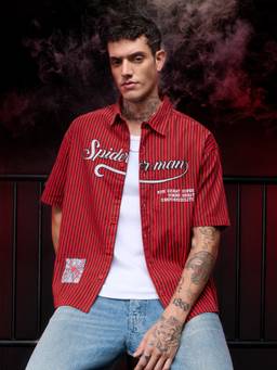 The Souled Store - Official Spiderman Red Stripes Men Oversized Shirt