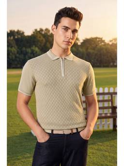 Peter England - Men Beige Textured Polo Neck T-shirt