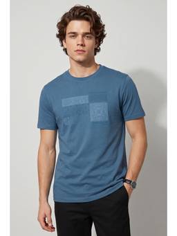 Peter England - Men Blue Print Round Crew Neck T-shirt