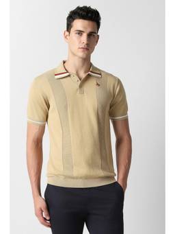 Van Heusen - Men Beige Textured Polo Neck T-shirt